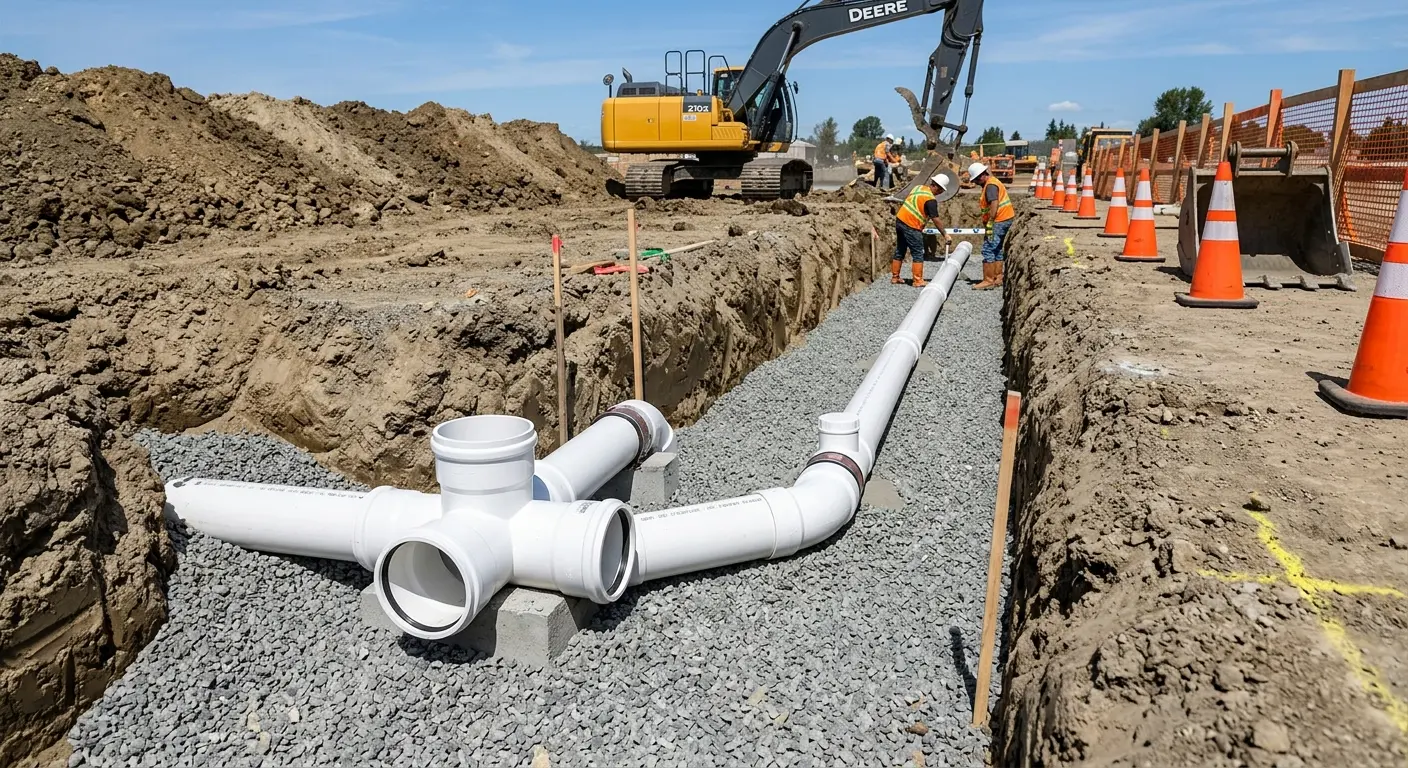 New PVC sewer pipe installation in open trench for Sewer Backup in Bayou Blue