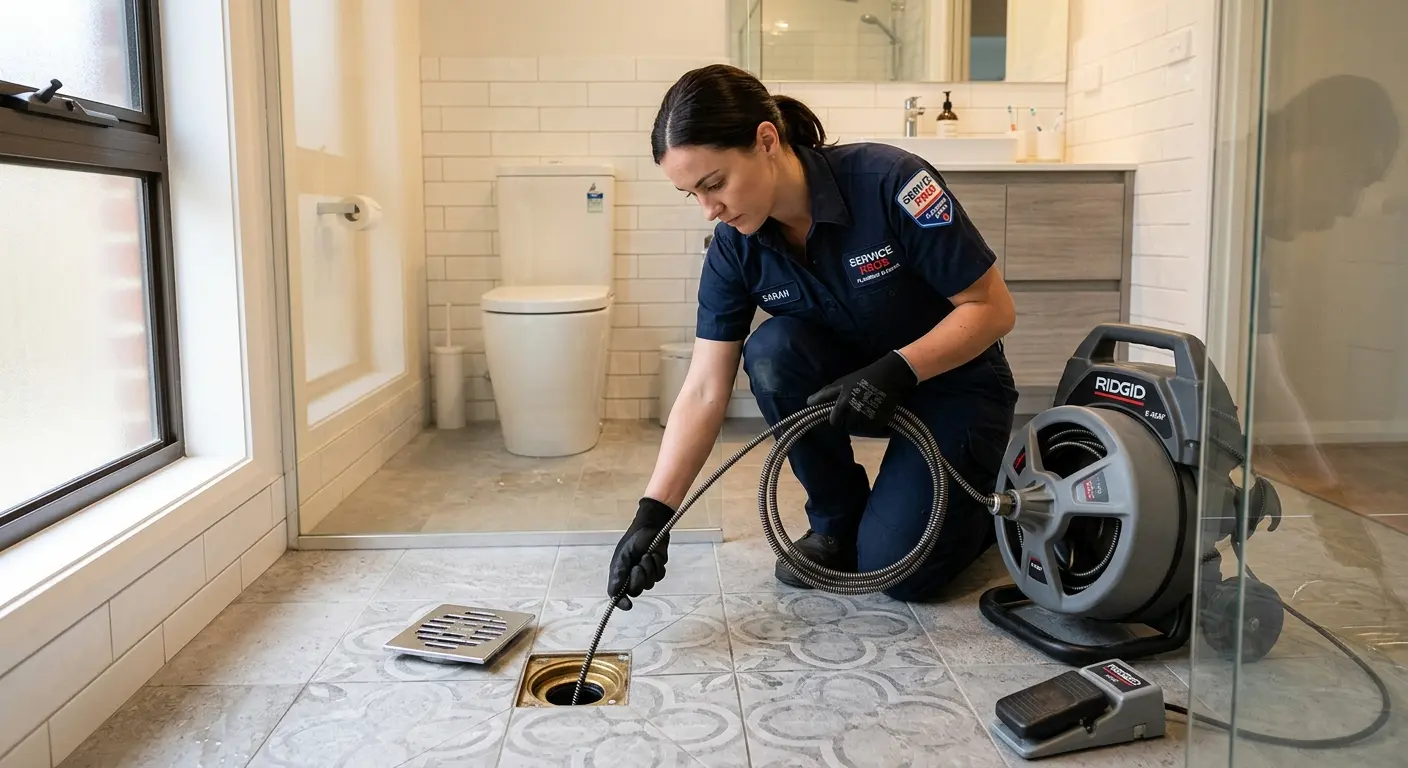Technician clearing a bathroom floor drain for Sewer Line Installation in Bayou Blue